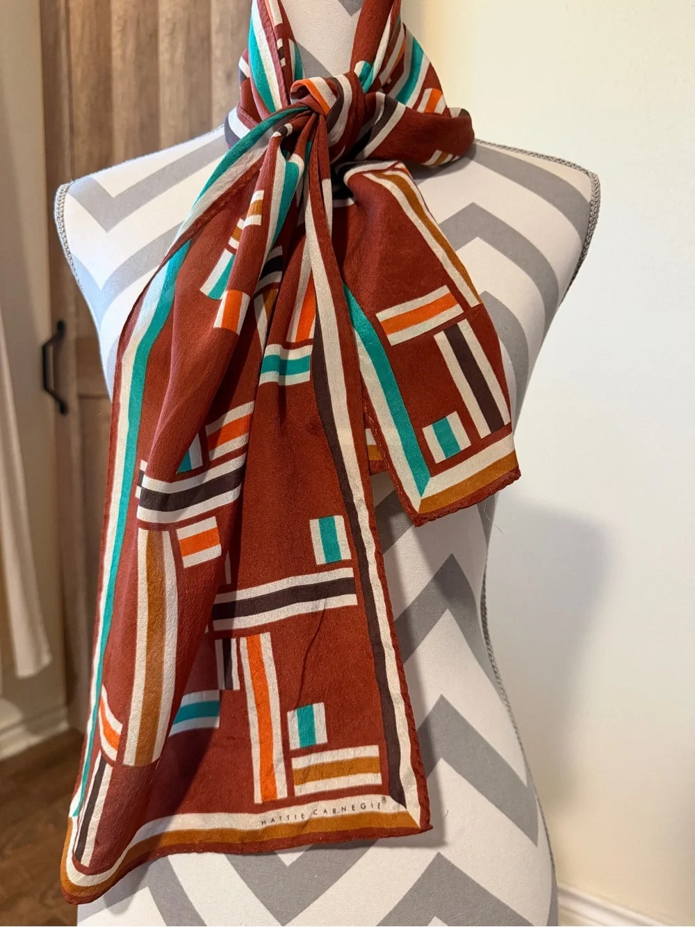 Vintage Hattie Carnegie Silk Scarf Mod Geometric Rust Orange MCM Fall color